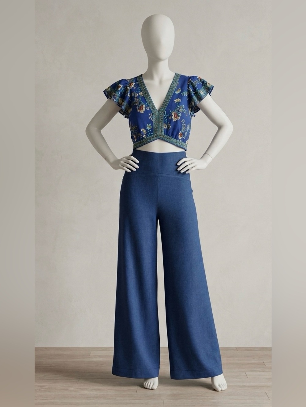 Embroidered Cobalt Crop Top with Wide-Leg Navy Pants